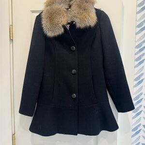 Kate Spade Black Pea Coat with Ruffle Trim and Faux Fur Collar